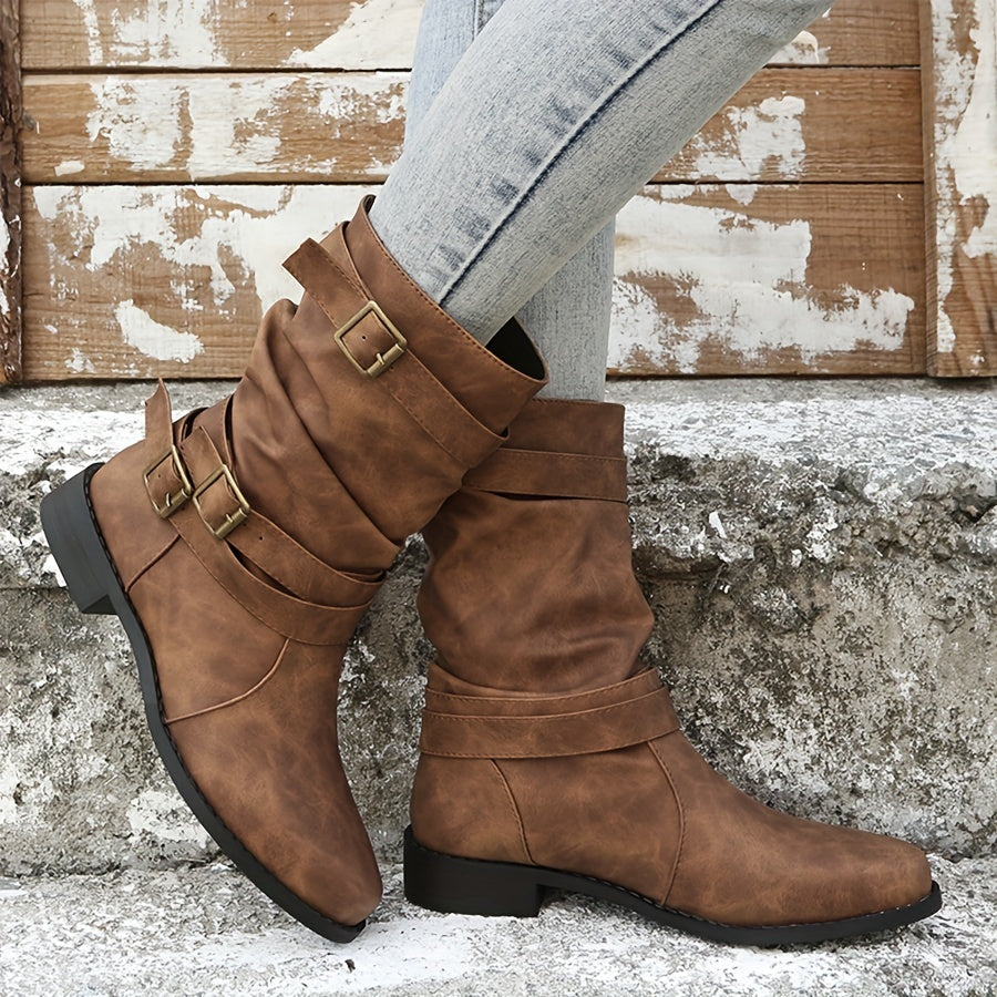 Women's Buckle Strap Chunky Heel Cowboy Boots