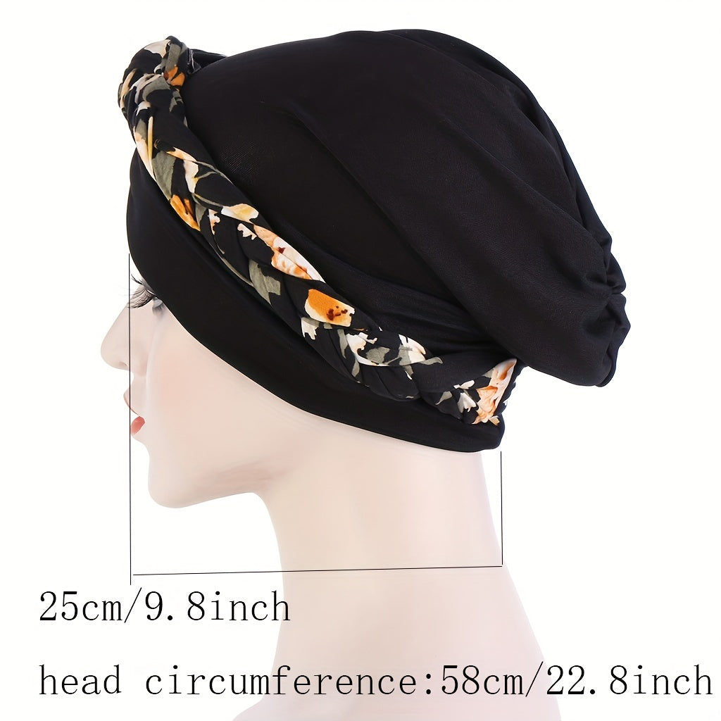 Leopard Flower Print Turban Cap Ramadan Braided Headwrap Head Scarf
