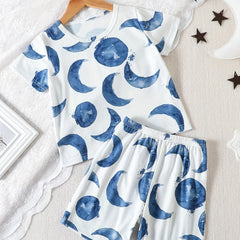 Boys Moon Print T-shirt & Shorts 2pcs Loungewear Pajamas