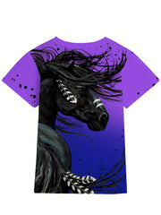 3D Horse Graphic Short Sleeve T shirt Boys Girls Western Style