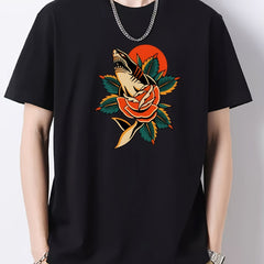 Flower & Shark Pattern Men's Cotton Crew Neck T-shirt