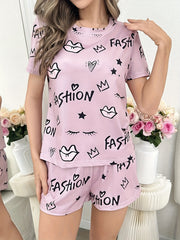 Letter Print Pajama Set Short Sleeve Crew Neck Top & Elastic Waistband Shorts