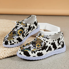 Women's Sunflower & Cow Print Canvas Slip On Shoes