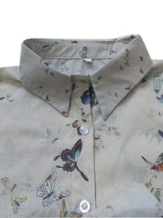 Floral Butterfly Print Button Up Long Sleeve Blouse