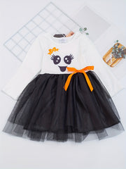 Toddler Girls Halloween Tutu Dress Ghost & Striped Print With Bowknot
