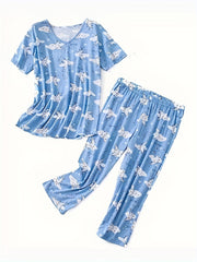 Star Print Pajama Set Short Sleeve Crew Neck Top & Pants Women's Sleepwear