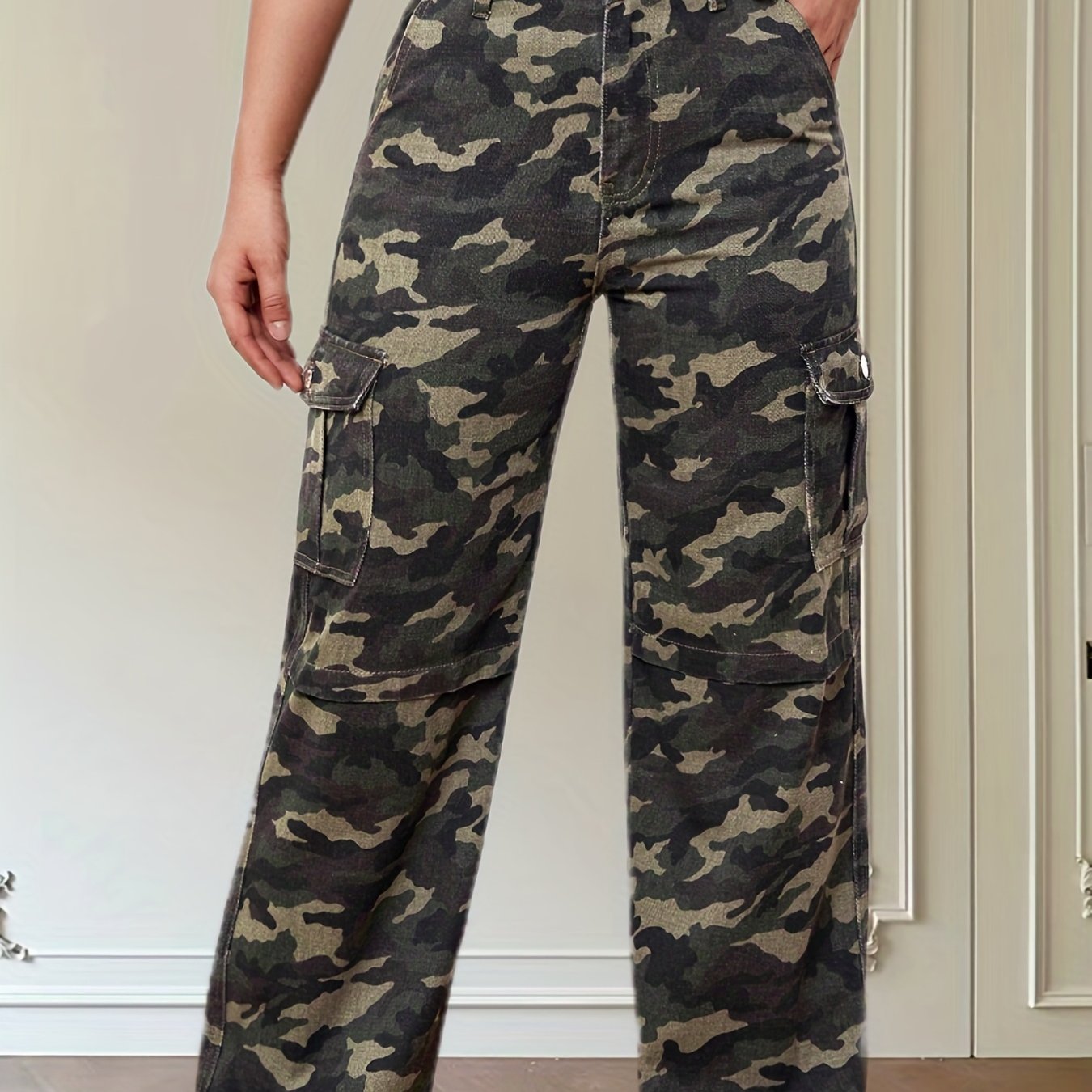 Camo Wide Leg Straight Jeans Flap Pockets Non Stretch Denim Pants