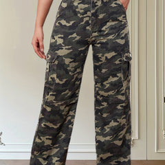 Camo Wide Leg Straight Jeans Flap Pockets Non Stretch Denim Pants