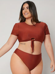 Modest Bikini Set Solid Short Sleeve Tie Front Swimsuit 2 Piece