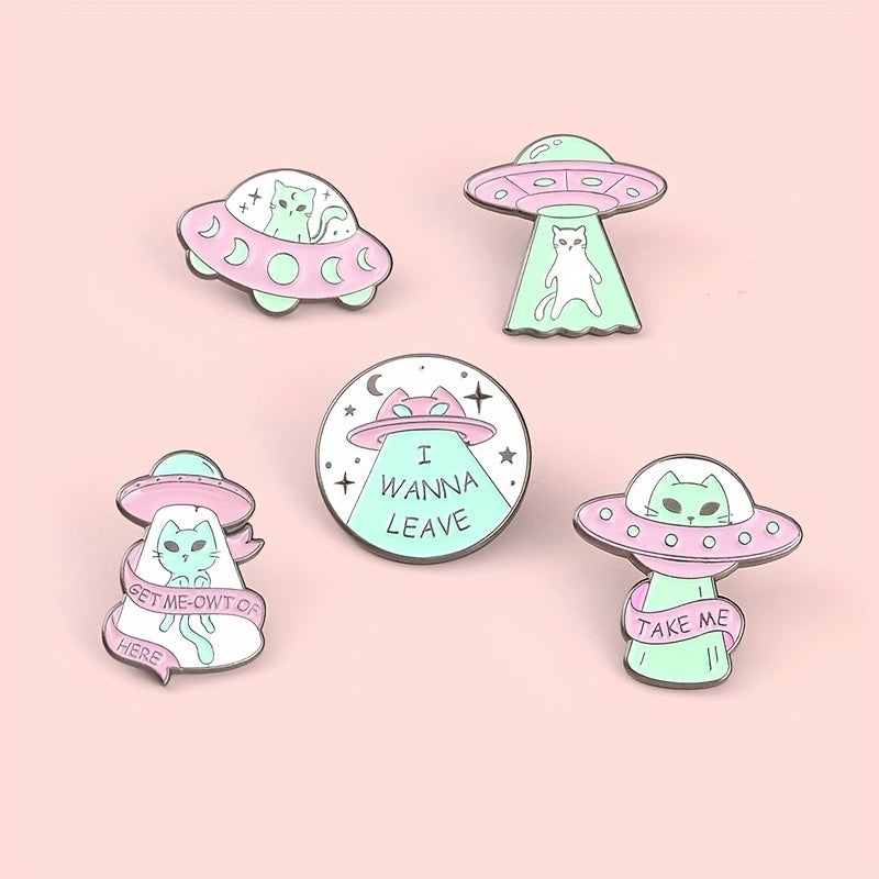 Cartoon Alien Spaceship Alloy Emblem Brooch for Women Girls