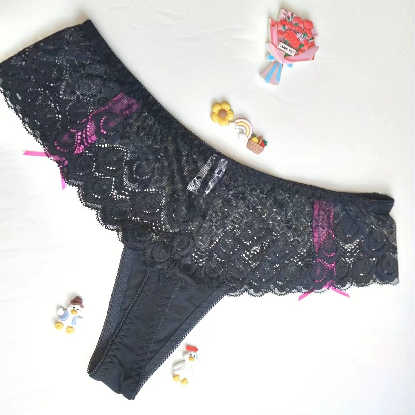 Romantic Lace Thongs with Scallop Trim and Bow Tie