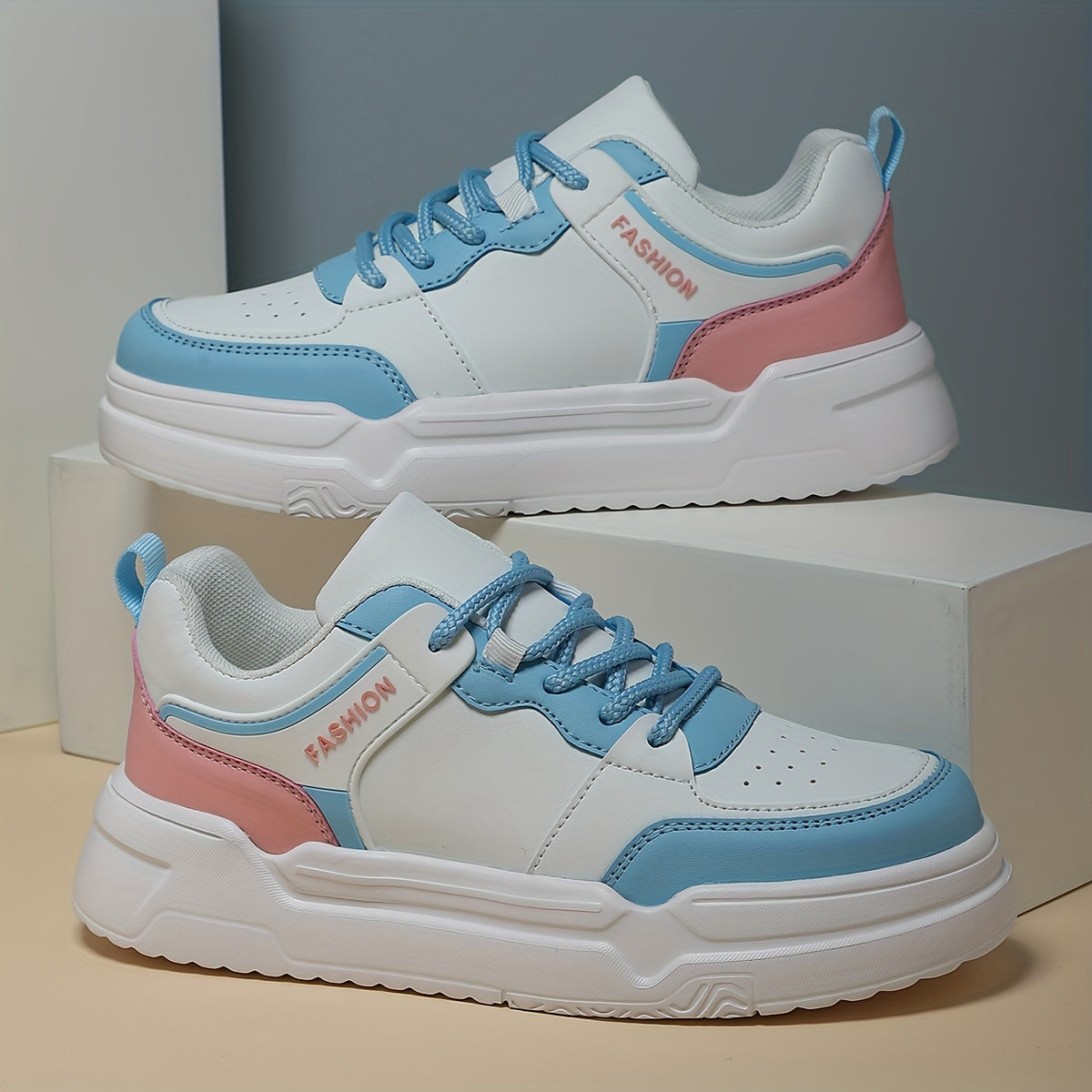 Women's Block Faux Leather Chunky Sneakers Casual Versatile Heighten Flat Shoes
