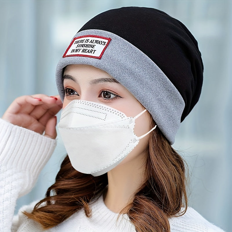 Stylish Label Decor Beanie Block Warm Skull Cap Elastic Knit Hat