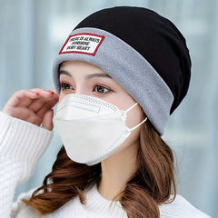 Stylish Label Decor Beanie Block Warm Skull Cap Elastic Knit Hat