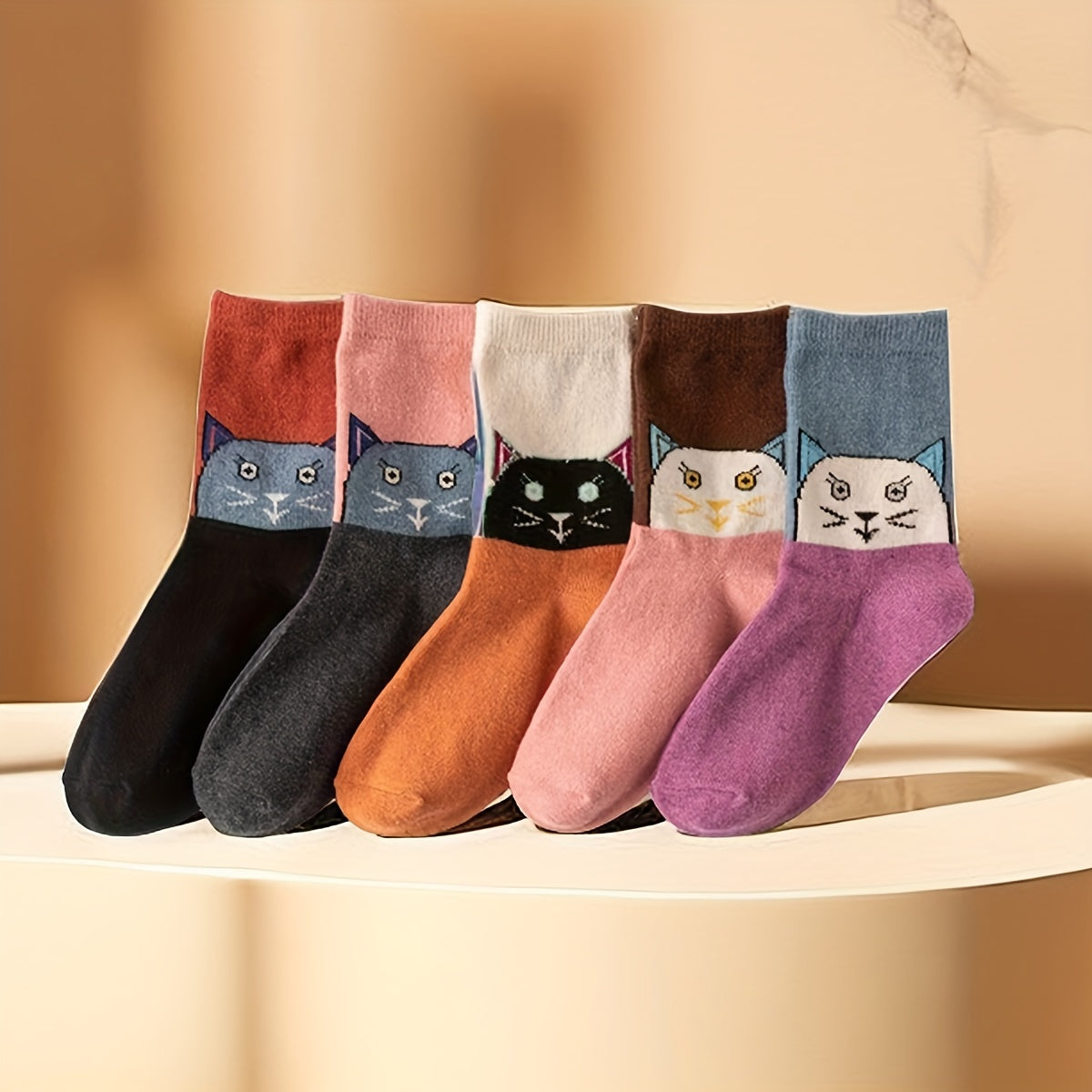 5 Pairs Cartoon Cat Print Socks Women's Stockings