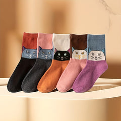 5 Pairs Cartoon Cat Print Socks Women's Stockings