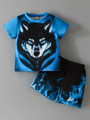 Boys Wolf & Flame Pattern Print T Shirt And Shorts Set