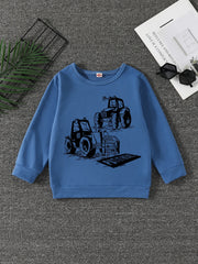 Excavator Print Boys Casual Pullover Sweatshirt Long Sleeve Crew Neck Tops