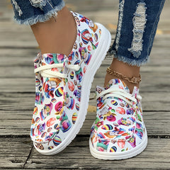 Women's Cartoon Figure & Eggs Print Sneakers Soft Sole Casual Flats