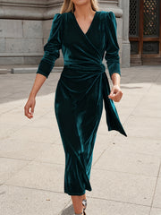 Velvet Lantern Sleeve Plus Size Party Dress with Surplice Neck