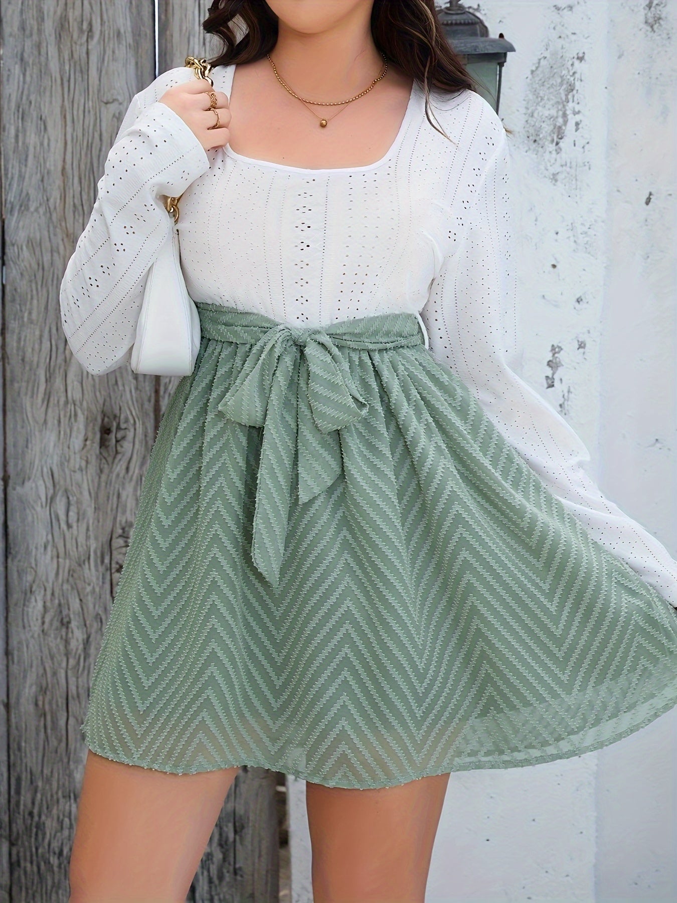 Colorblock Chevron Print Dress With Embroidery