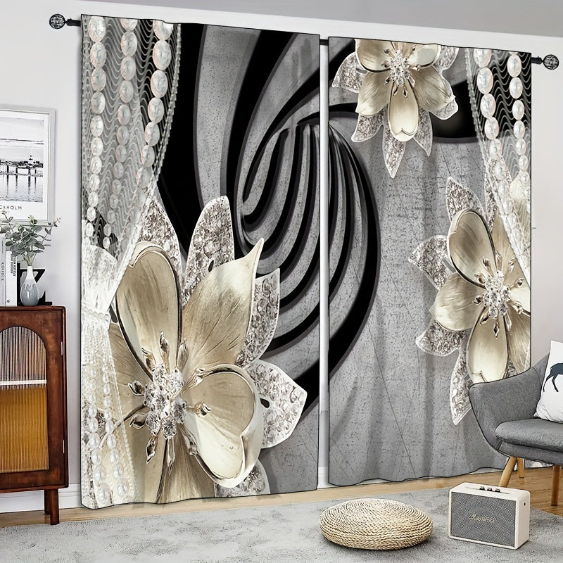 2 Panels Antique Flower Semi Blackout Curtain Rod Pocket Curtains