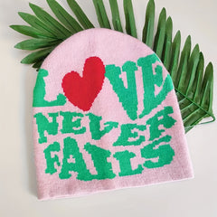 Pink Letter Jacquard Warm Beanie Love Never Fails Elastic Knit Hat