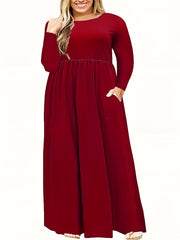 Solid Long Sleeve Maxi Dress With Pockets