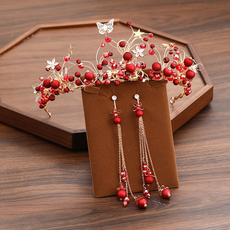 Chinese Style Red Faux Pearl Headband Earrings Set