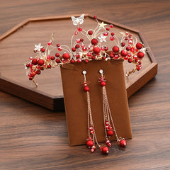 Chinese Style Red Faux Pearl Headband Earrings Set