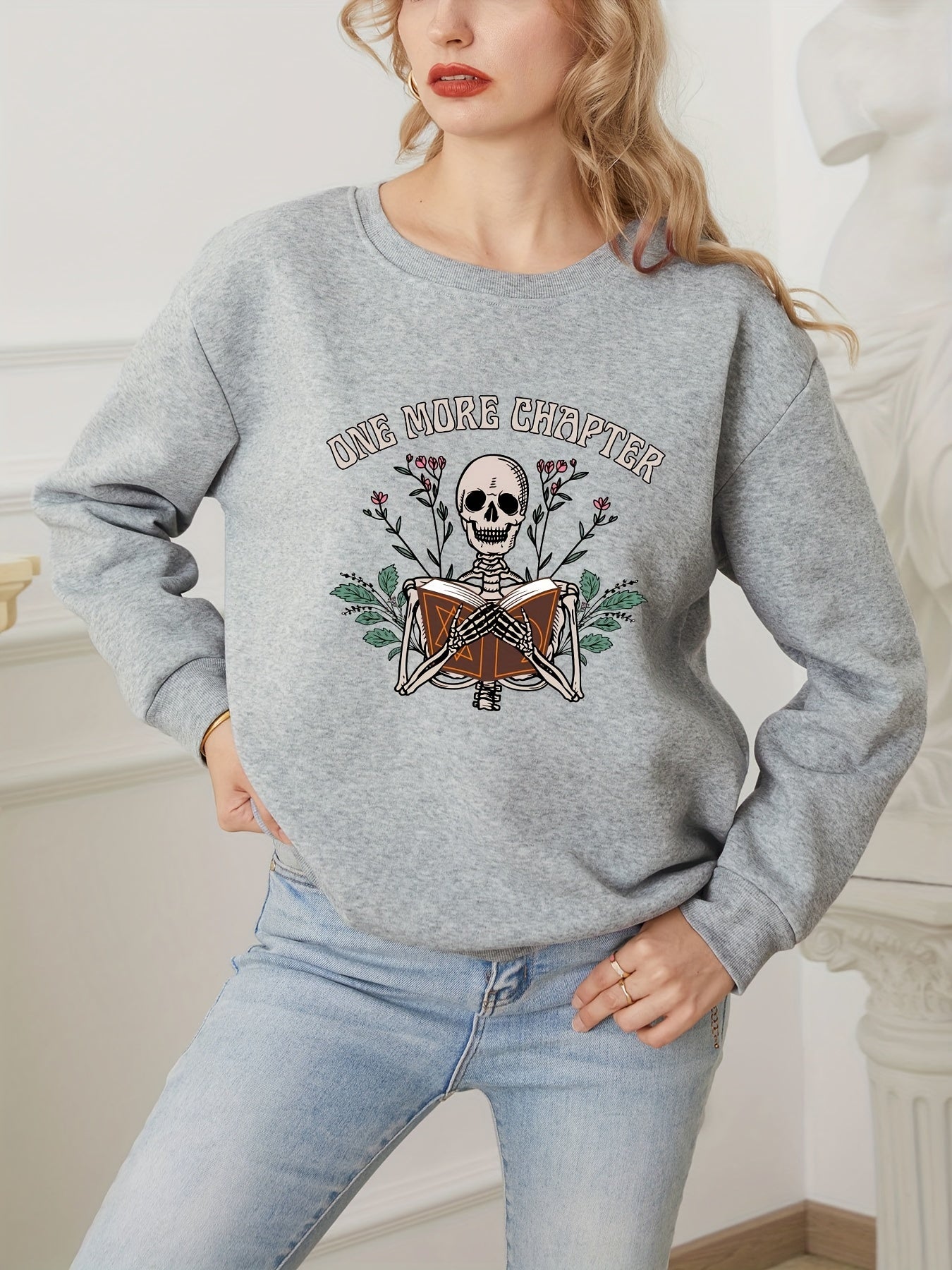 Skull Print Sweatshirt Crew Neck Long Sleeve Casual Women's Clothing