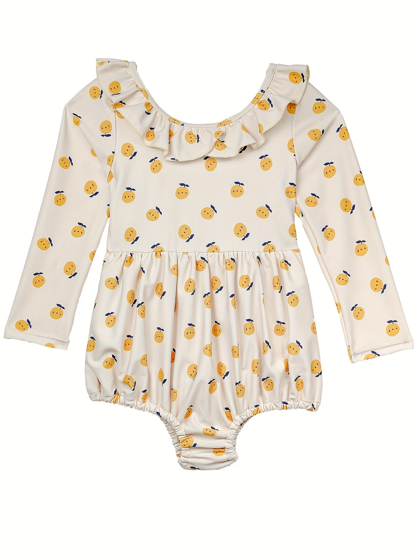 Girls Cartoon Fruit Ruffle Trim Long Sleeve 1pc Swimwear