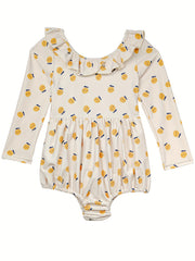 Girls Cartoon Fruit Ruffle Trim Long Sleeve 1pc Swimwear