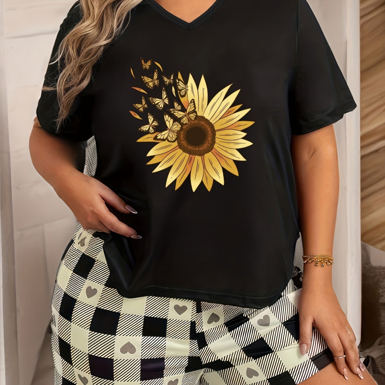 Butterfly Sunflower Print V Neck Pajama Top