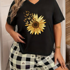 Butterfly Sunflower Print V Neck Pajama Top