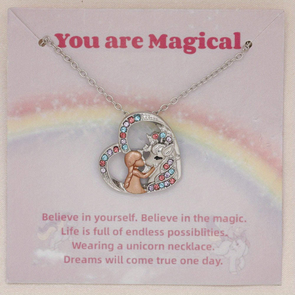 Girl & Unicorn Heart Pendant Necklace Holiday Gift