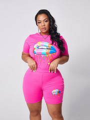 Lips Print Tee & Shorts Set Women's Activewear