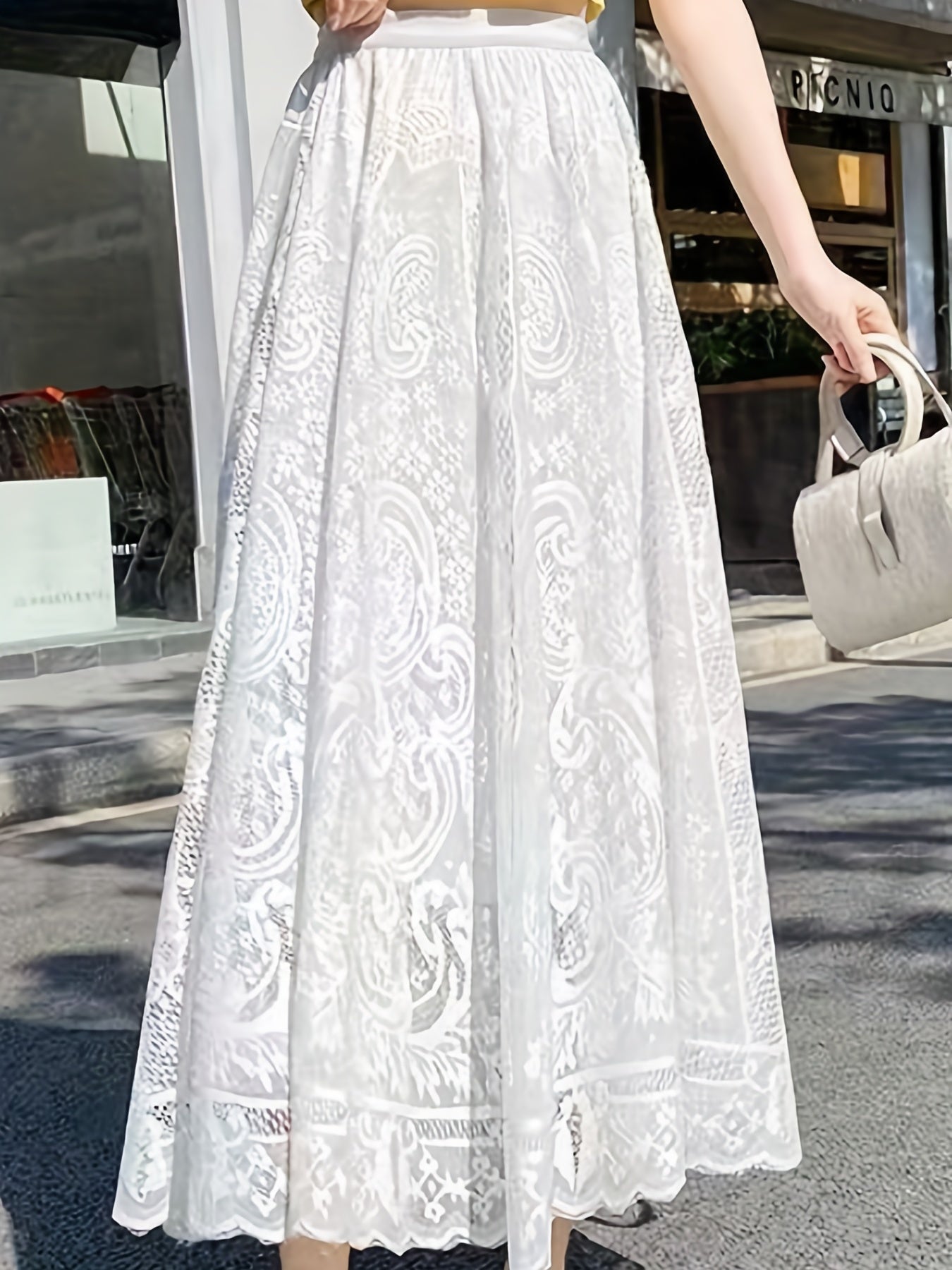 Lace Baroque Print Maxi Skirt - Solid Pleated Women's Clothing