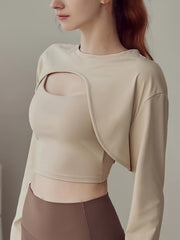 2pcs Crew Neck Long Sleeve Cover Up Shrug & Crop Tank Top