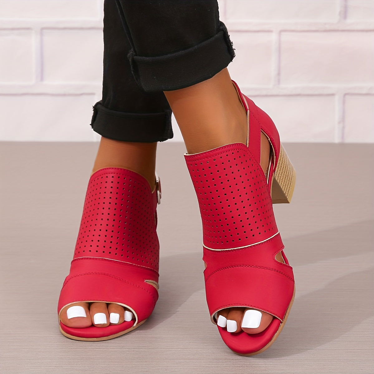 Women's Peep Toe Low Heeled Sandals Perforated Buckle Strap