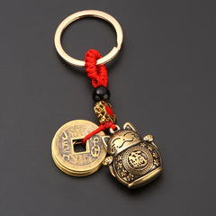 Lucky Cat 5 Emperors Keychain Solid Brass Car Key Ring