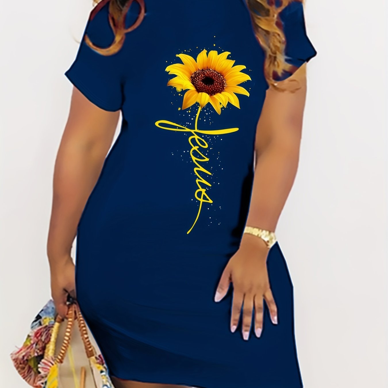Women's Plus Sunflower & Letter Print Short Sleeve Round Neck Dress