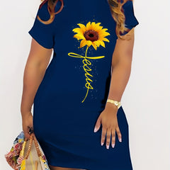 Women's Plus Sunflower & Letter Print Short Sleeve Round Neck Dress