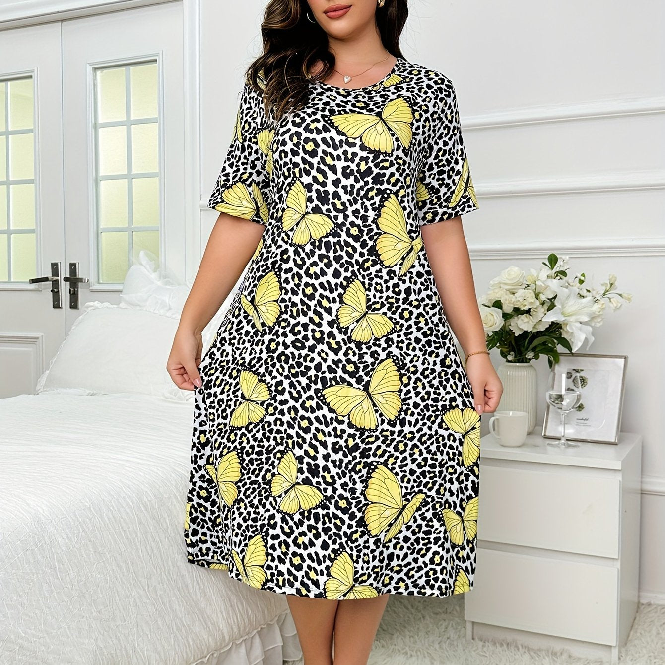 Casual Nightdress Leopard & Butterfly Print High Stretch Sleep Dress