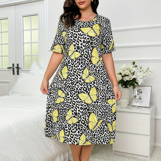 Casual Nightdress Leopard & Butterfly Print High Stretch Sleep Dress