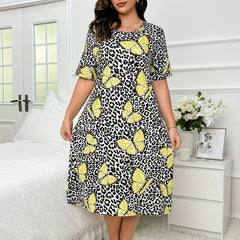 Casual Nightdress Leopard & Butterfly Print High Stretch Sleep Dress