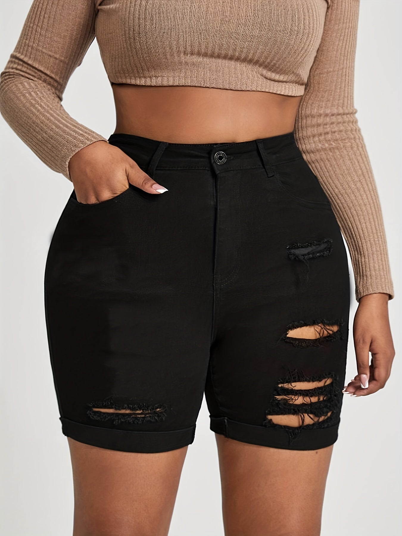 Casual Denim Shorts Women's Plus Solid Ripped Button Fly Denim Shorts