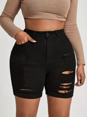 Casual Denim Shorts Women's Plus Solid Ripped Button Fly Denim Shorts