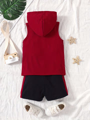 Boy's Hooded Tank Top & Shorts Set, Short Sleeve Casual Outfits