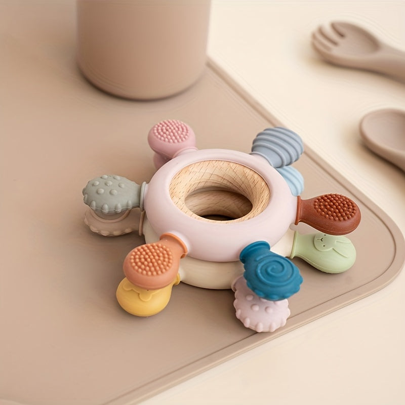 Silicone Baby Teether Rudder Shape Wooden Teether Ring Touch Training BPA Toy